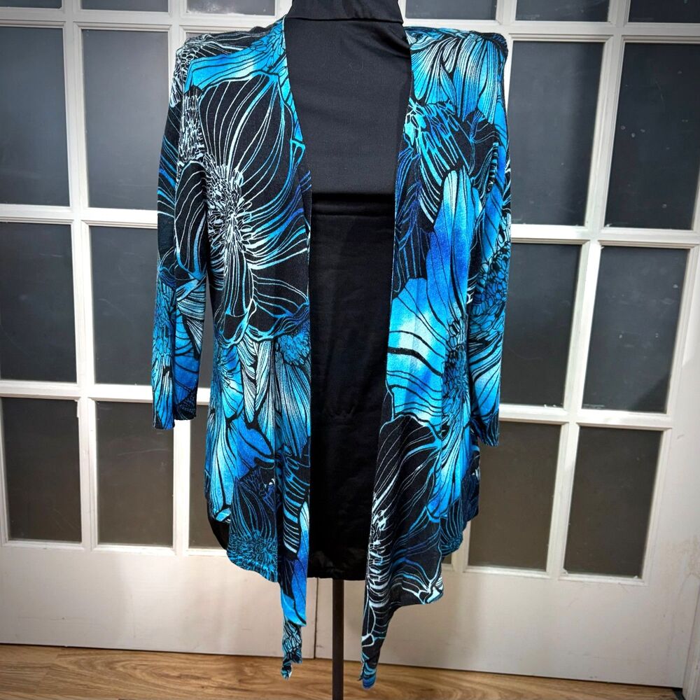 Chico's Travelers Blue Black Floral Open Front Cardigan Jacket Sz 2 Large